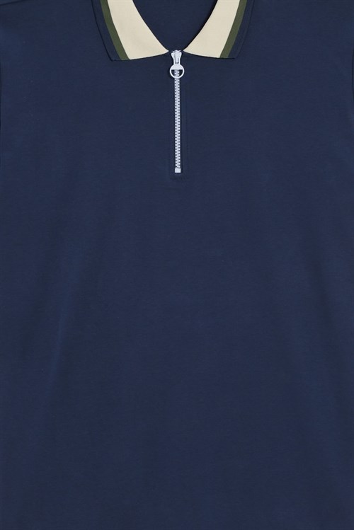 Erkek Slim Fit Dar Kesim %100 Pamuk Kısa Kollu Yarım Fermuarlı Lacivert Polo Yaka Tişört