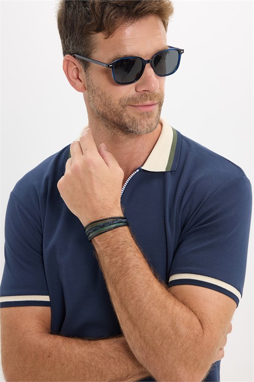 Erkek Slim Fit Dar Kesim %100 Pamuk Kısa Kollu Yarım Fermuarlı Lacivert Polo Yaka Tişört
