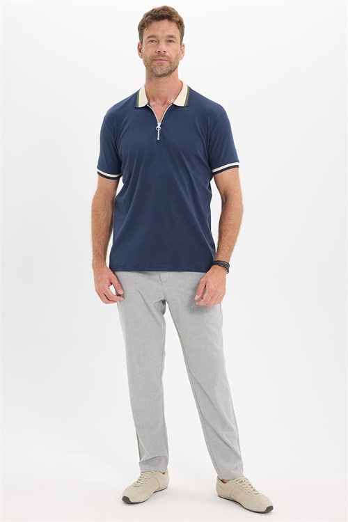 Erkek Slim Fit Dar Kesim %100 Pamuk Kısa Kollu Yarım Fermuarlı Lacivert Polo Yaka Tişört