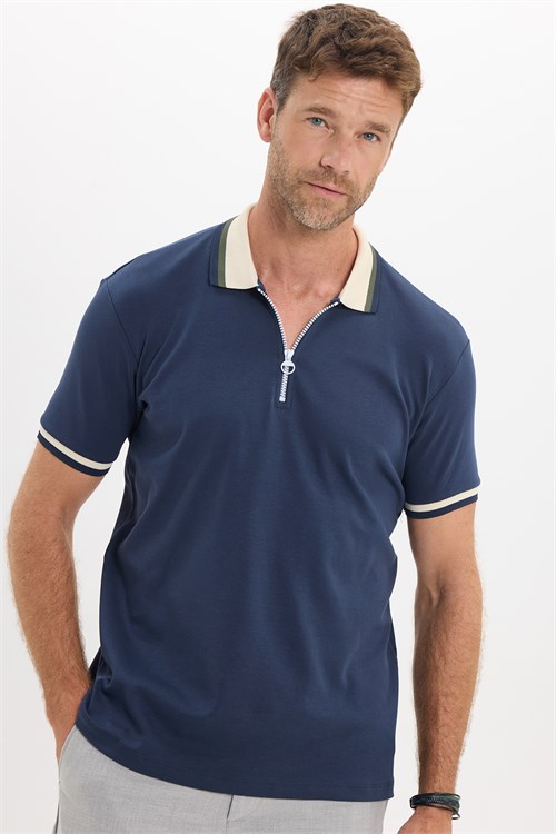Erkek Slim Fit Dar Kesim %100 Pamuk Kısa Kollu Yarım Fermuarlı Lacivert Polo Yaka Tişört