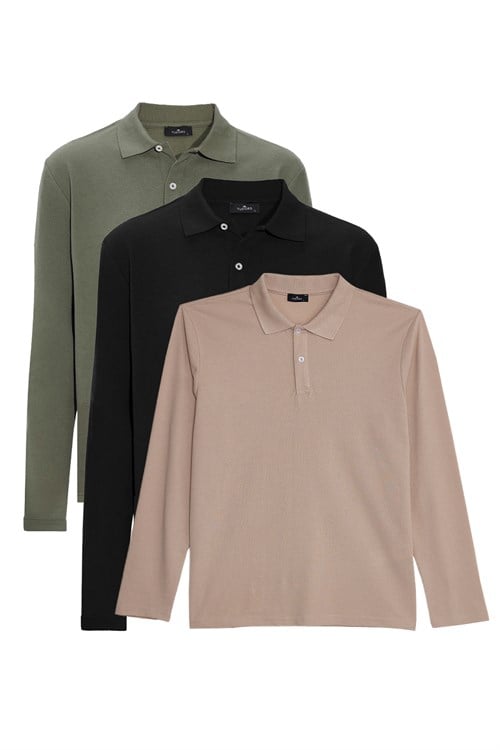 Erkek 3lü Pkt Haki-Siyah-Taş Standart Fit Normal Kesim Pamuklu Pike Polo Yaka Sweatshirt