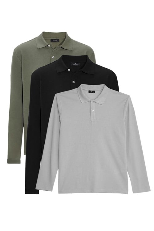 Erkek 3lü Pkt Haki-Siyah-Gri Standart Fit Normal Kesim Pamuklu Pike Polo Yaka Sweatshirt