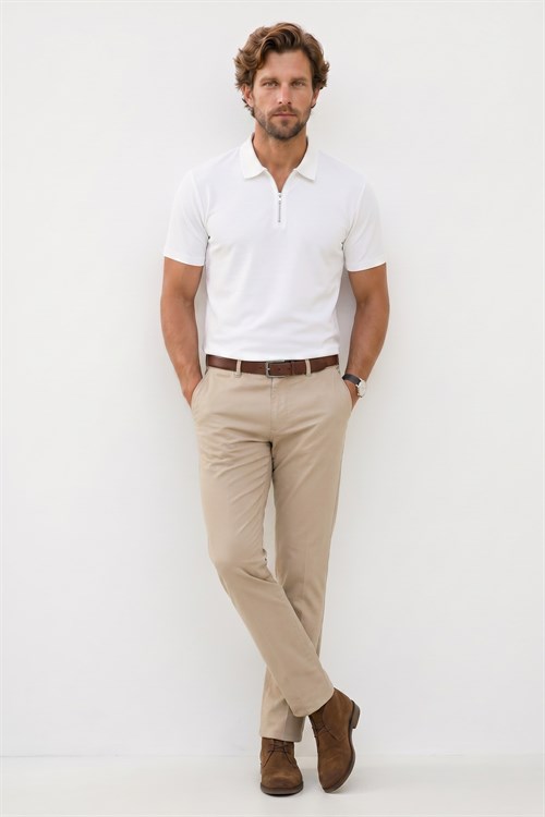 Erkek Slım Fit Dar Kesim Ekstra Soft Modal Kumaş Kısa Kollu Yarım Fermuarlı Beyaz Polo Yaka Tişört