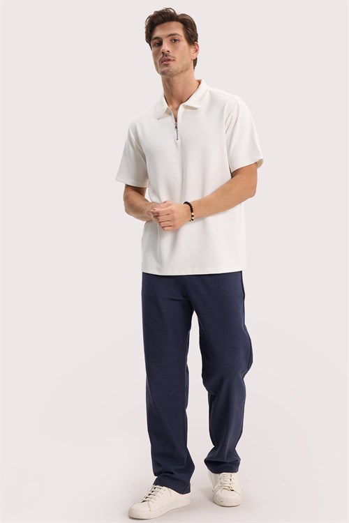 Erkek Regular Fit Rahat Kesim Ekstra Soft Modal Kumaş Kısa Kollu Yarım Fermuarlı Beyaz Polo Yaka Tişört