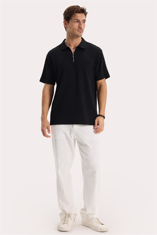 Erkek Regular Fit Rahat Kesim Ekstra Soft Modal Kumaş Kısa Kollu Yarım Fermuarlı Siyah Polo Yaka Tişört