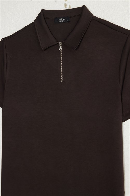 Erkek Slım Fit Dar Kesim Soft Modal Kumaş Kısa Kollu Yarım Fermuarlı Kahverengi Polo Yaka Tişört
