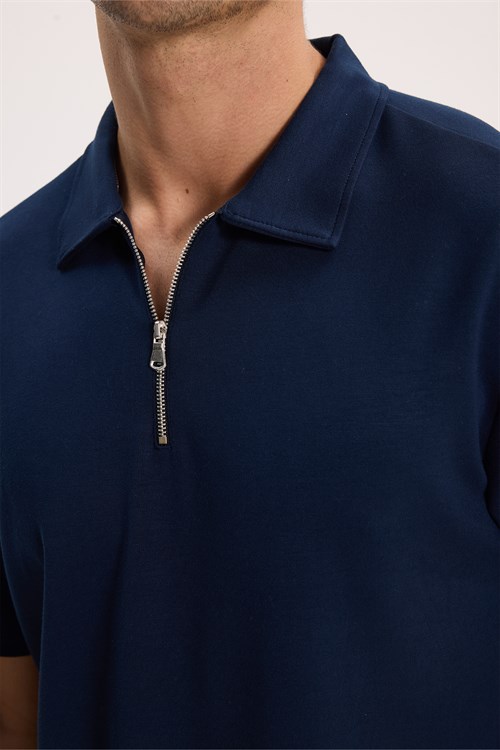 Erkek Regular Fit Rahat Kesim Ekstra Soft Modal Kumaş Kısa Kollu Yarım Fermuarlı Lacivert Polo Yaka Tişört