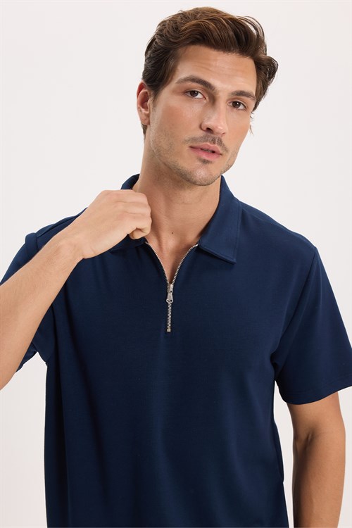 Erkek Regular Fit Rahat Kesim Ekstra Soft Modal Kumaş Kısa Kollu Yarım Fermuarlı Lacivert Polo Yaka Tişört