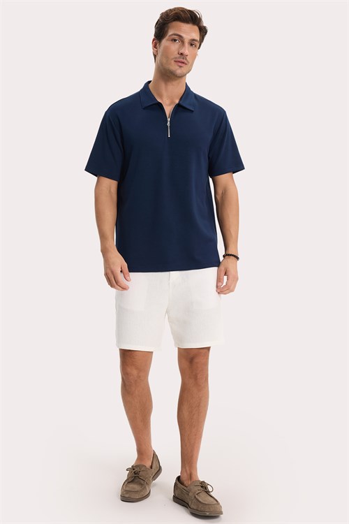 Erkek Regular Fit Rahat Kesim Ekstra Soft Modal Kumaş Kısa Kollu Yarım Fermuarlı Lacivert Polo Yaka Tişört