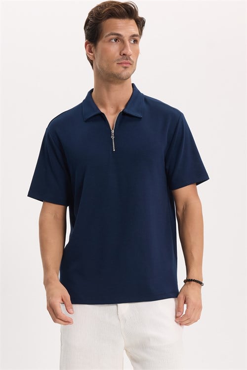 Erkek Regular Fit Rahat Kesim Ekstra Soft Modal Kumaş Kısa Kollu Yarım Fermuarlı Lacivert Polo Yaka Tişört