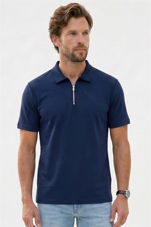 Erkek Slım Fit Dar Kesim Ekstra Soft Modal Kumaş Kısa Kollu Yarım Fermuarlı Lacivert Polo Yaka Tişört