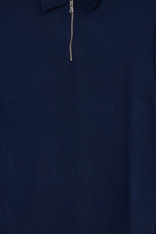 Erkek Slım Fit Dar Kesim Ekstra Soft Modal Kumaş Kısa Kollu Yarım Fermuarlı Lacivert Polo Yaka Tişört