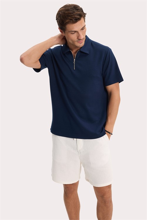 Erkek Regular Fit Rahat Kesim Ekstra Soft Modal Kumaş Kısa Kollu Yarım Fermuarlı Lacivert Polo Yaka Tişört