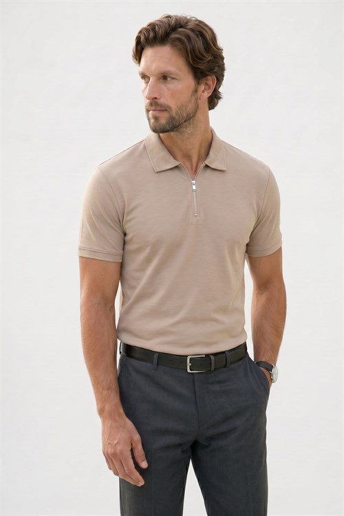 Erkek Slım Fit Dar Kesim Ekstra Soft Modal Kumaş Kısa Kollu Yarım Fermuarlı Bej Polo Yaka Tişört