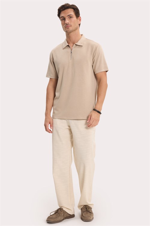 Erkek Regular Fit Rahat Kesim Ekstra Soft Modal Kumaş Kısa Kollu Yarım Fermuarlı Bej Polo Yaka Tişört