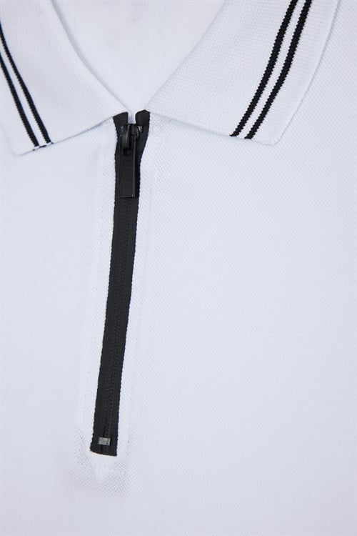 Erkek Slim Fit Dar Kesim %100 Pamuk Kısa Kollu Fermuarlı Beyaz Polo Yaka Tişört