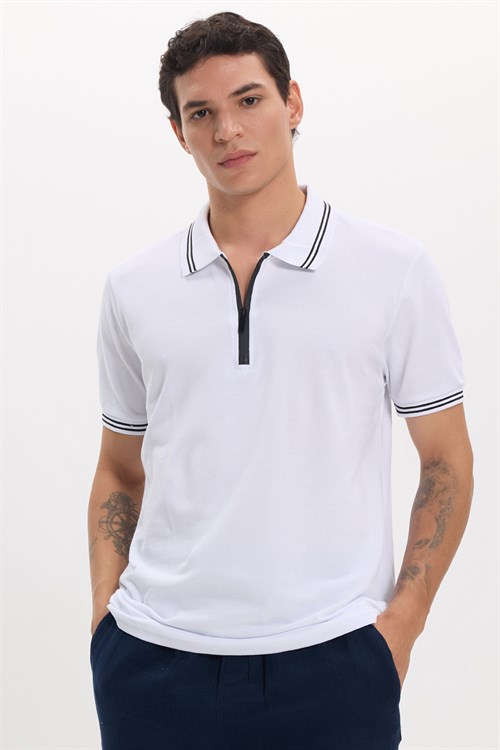 Erkek Slim Fit Dar Kesim %100 Pamuk Kısa Kollu Fermuarlı Beyaz Polo Yaka Tişört