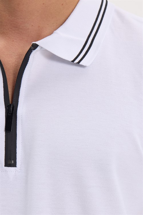 Erkek Slim Fit Dar Kesim %100 Pamuk Kısa Kollu Fermuarlı Beyaz Polo Yaka Tişört