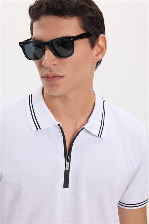 Erkek Slim Fit Dar Kesim %100 Pamuk Kısa Kollu Fermuarlı Beyaz Polo Yaka Tişört