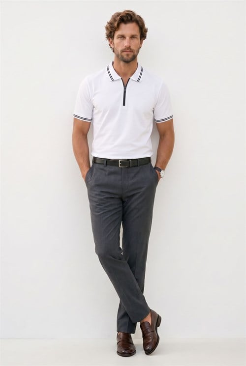 Erkek Slim Fit Dar Kesim %100 Pamuk Kısa Kollu Fermuarlı Beyaz Polo Yaka Tişört