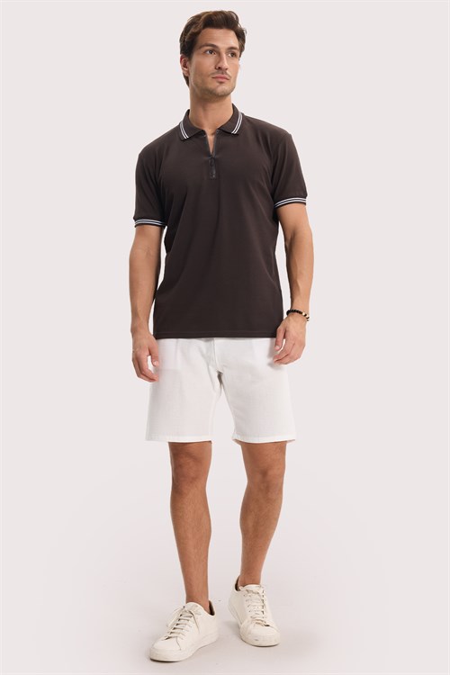 Erkek Slim Fit Dar Kesim %100 Pamuk Kısa Kollu Kahverengi Polo Yaka Tişört