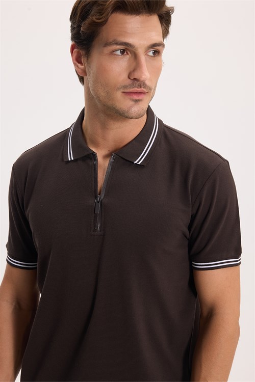 Erkek Slim Fit Dar Kesim %100 Pamuk Kısa Kollu Kahverengi Polo Yaka Tişört
