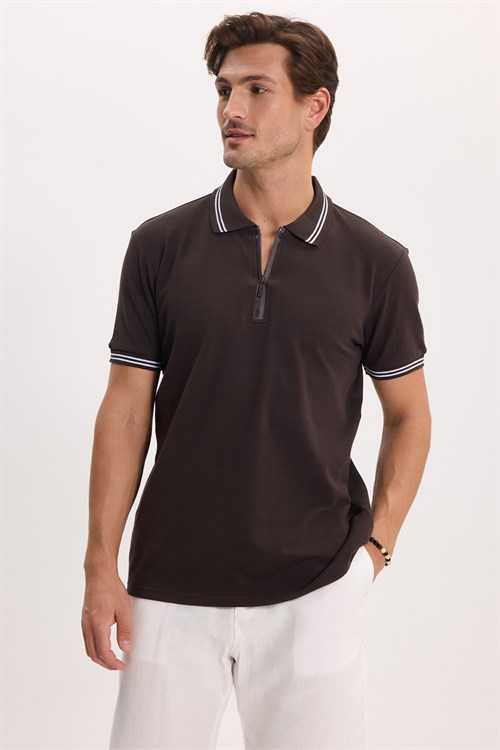 Erkek Slim Fit Dar Kesim %100 Pamuk Kısa Kollu Kahverengi Polo Yaka Tişört