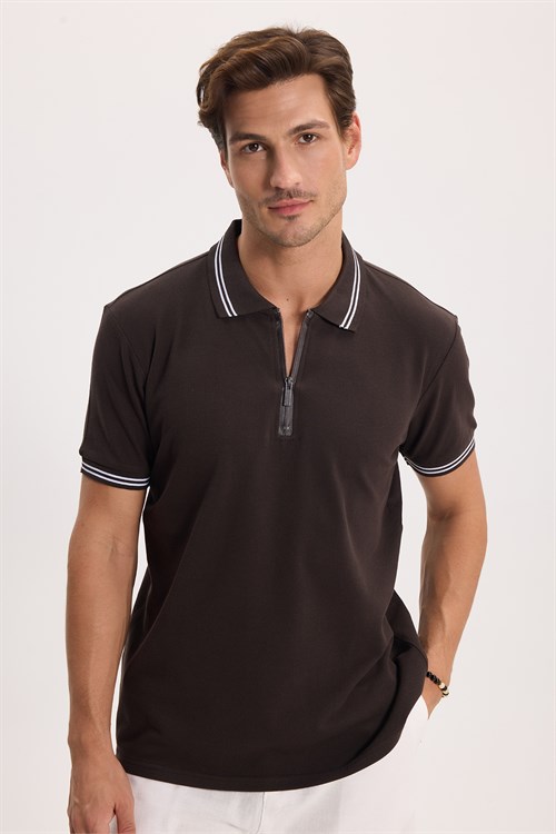 Erkek Slim Fit Dar Kesim %100 Pamuk Kısa Kollu Kahverengi Polo Yaka Tişört