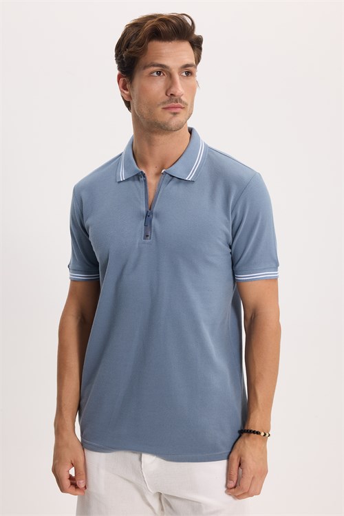 Erkek Slim Fit Dar Kesim %100 Pamuk Kısa Kollu Fermuarlı Füme Polo Yaka Tişört