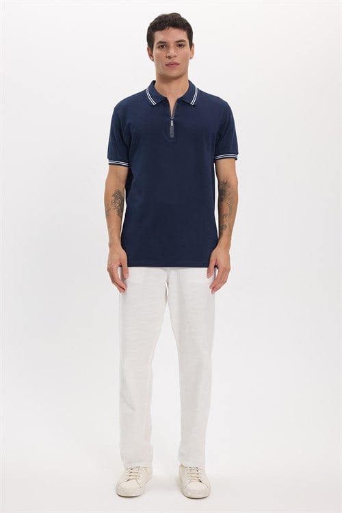Erkek Slim Fit Dar Kesim %100 Pamuk Kısa Kollu Fermuarlı Lacivert Polo Yaka Tişört