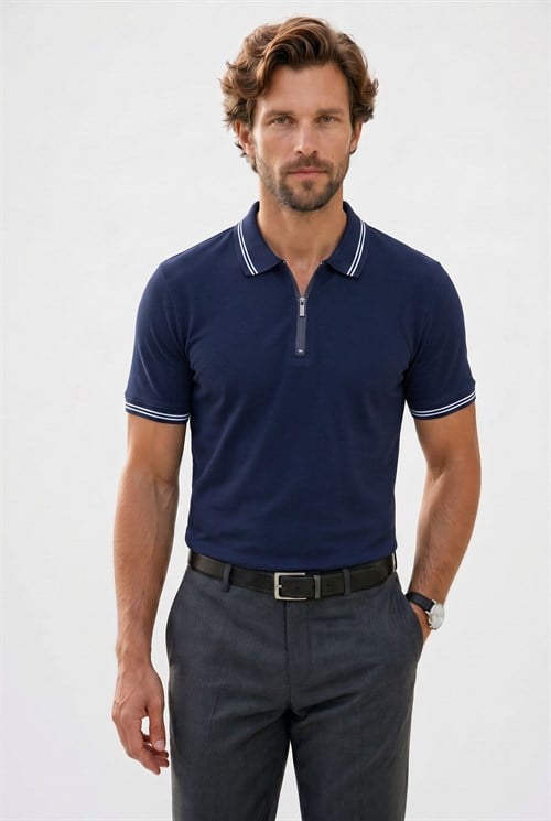 Erkek Slim Fit Dar Kesim %100 Pamuk Kısa Kollu Fermuarlı Lacivert Polo Yaka Tişört