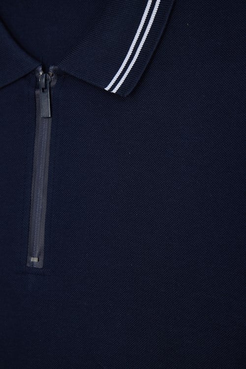 Erkek Slim Fit Dar Kesim %100 Pamuk Kısa Kollu Fermuarlı Lacivert Polo Yaka Tişört