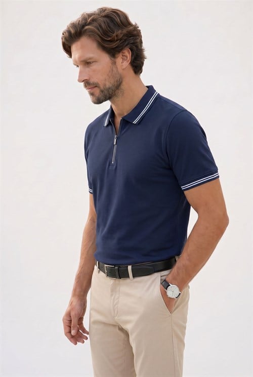 Erkek Slim Fit Dar Kesim %100 Pamuk Kısa Kollu Fermuarlı Lacivert Polo Yaka Tişört