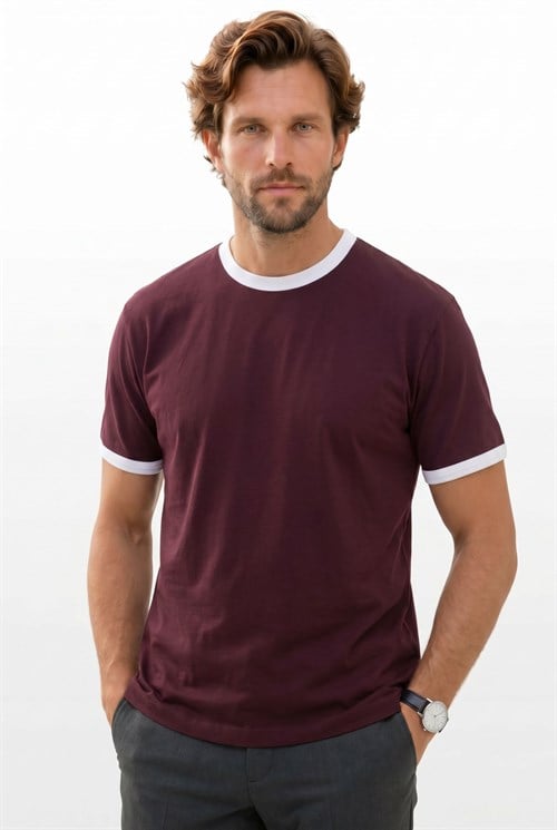 Erkek Regular Fit Klasik Kesim %100 Pamuk Kısa Kollu Bisiklet Yaka Bordo Tişört