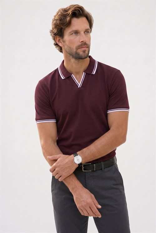 Erkek Slim Fit Dar Kesim %100 Pamuklu Çizgili Detaylı V Yaka Bordo Polo Yaka Tişört