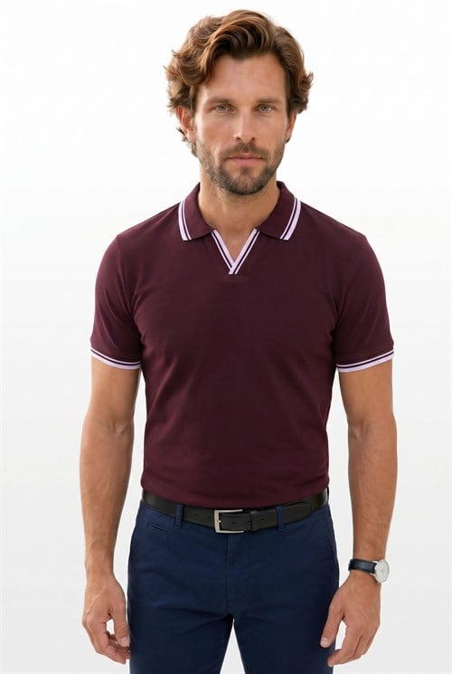 Erkek Slim Fit Dar Kesim %100 Pamuklu Çizgili Detaylı V Yaka Bordo Polo Yaka Tişört