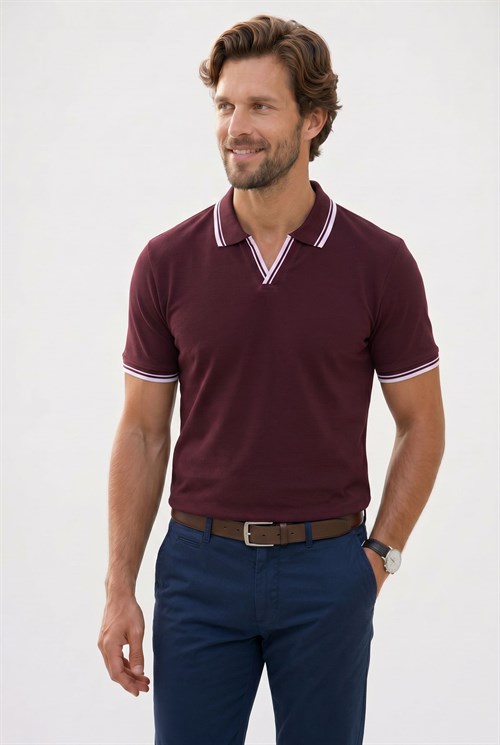 Erkek Slim Fit Dar Kesim %100 Pamuklu Çizgili Detaylı V Yaka Bordo Polo Yaka Tişört