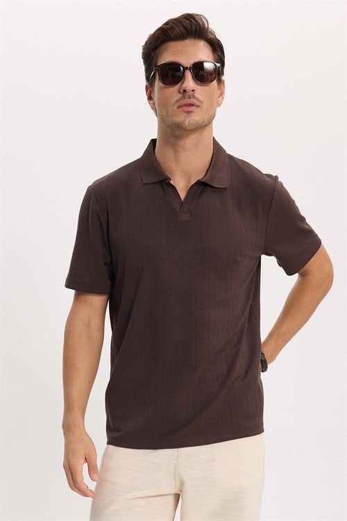 Erkek Slim Fit Dar Kesim Pamuklu Kısa Kollu Çizgili Kahverengi Polo V Yaka Tişört