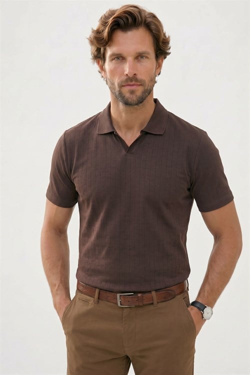 Erkek Slim Fit Dar Kesim Pamuklu Kısa Kollu Çizgili Kahverengi Polo V Yaka Tişört