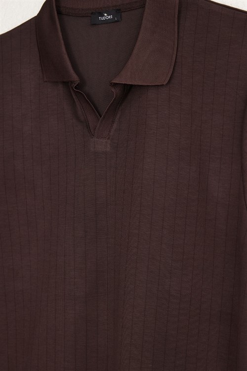 Erkek Slim Fit Dar Kesim Pamuklu Kısa Kollu Çizgili Kahverengi Polo V Yaka Tişört