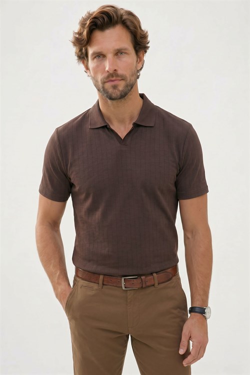 Erkek Slim Fit Dar Kesim Pamuklu Kısa Kollu Çizgili Kahverengi Polo V Yaka Tişört