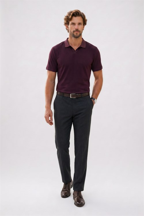 Erkek Slim Fit Dar Kesim Pamuklu Kısa Kollu Çizgili Bordo Polo V Yaka Tişört