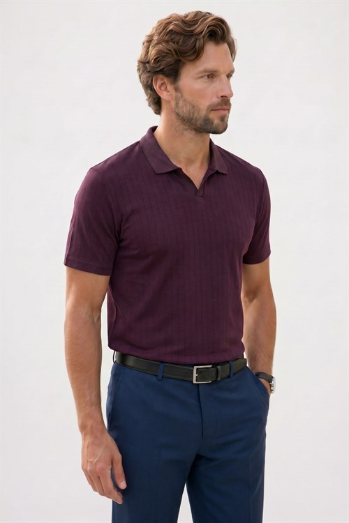 Erkek Slim Fit Dar Kesim Pamuklu Kısa Kollu Çizgili Bordo Polo V Yaka Tişört