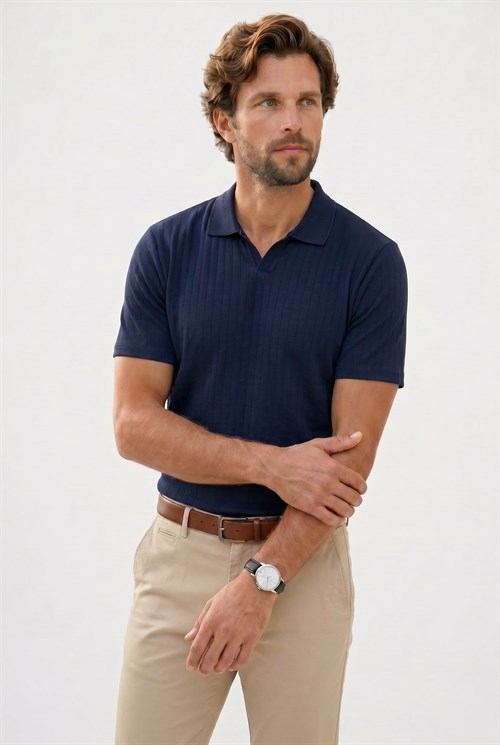 Erkek Slim Fit Dar Kesim Pamuklu Kısa Kollu Çizgili Lacivert Polo V Yaka Tişört