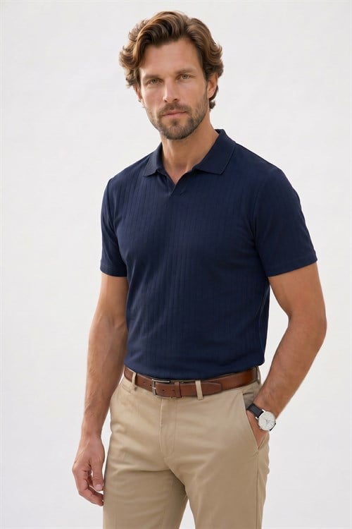 Erkek Slim Fit Dar Kesim Pamuklu Kısa Kollu Çizgili Lacivert Polo V Yaka Tişört