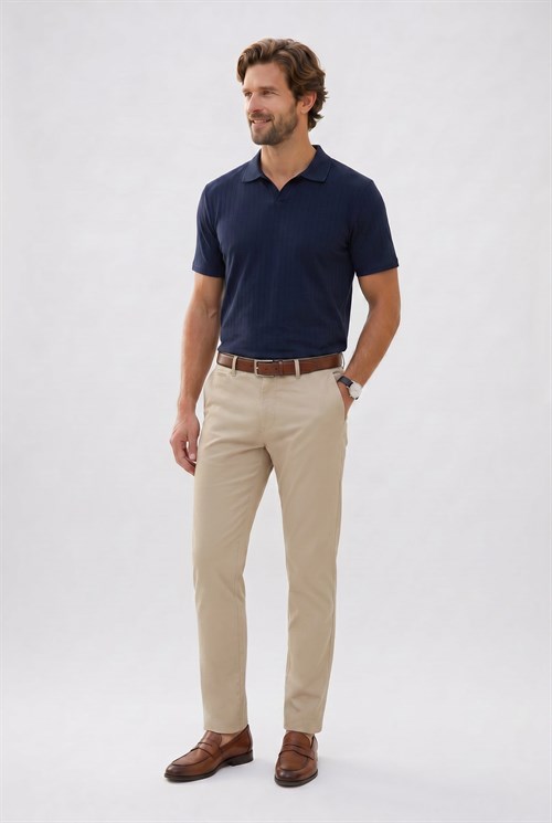 Erkek Slim Fit Dar Kesim Pamuklu Kısa Kollu Çizgili Lacivert Polo V Yaka Tişört