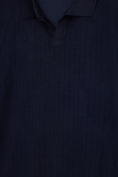 Erkek Slim Fit Dar Kesim Pamuklu Kısa Kollu Çizgili Lacivert Polo V Yaka Tişört