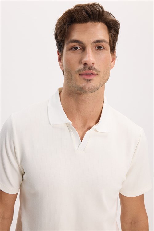 Erkek Slim Fit Dar Kesim Pamuklu Kısa Kollu Çizgili Ekru Polo V Yaka Tişört