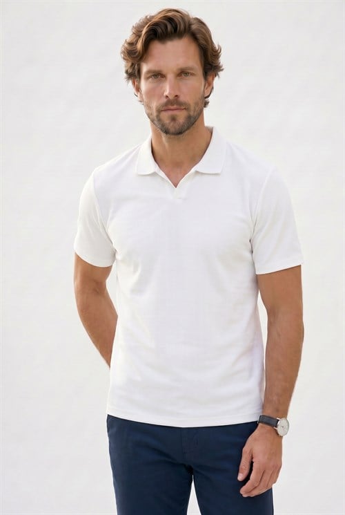 Erkek Slim Fit Dar Kesim Pamuklu Kısa Kollu Çizgili Ekru Polo V Yaka Tişört
