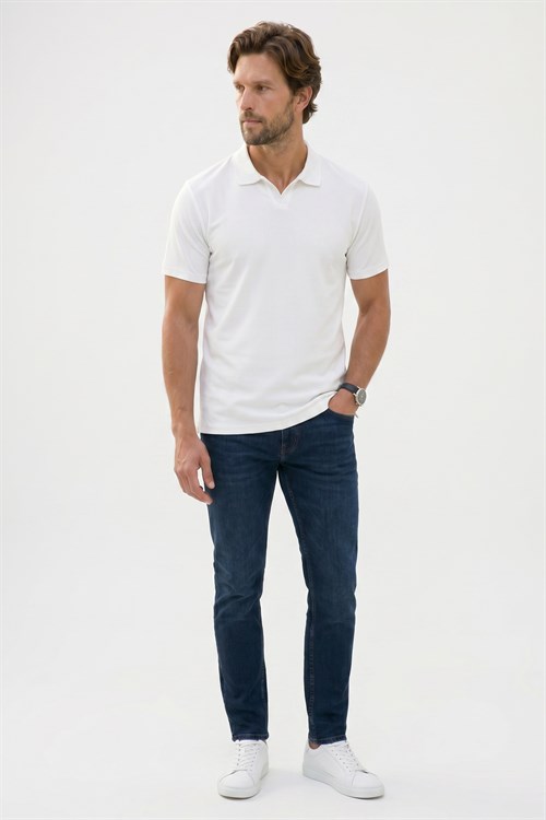 Erkek Slim Fit Dar Kesim Pamuklu Kısa Kollu Çizgili Ekru Polo V Yaka Tişört